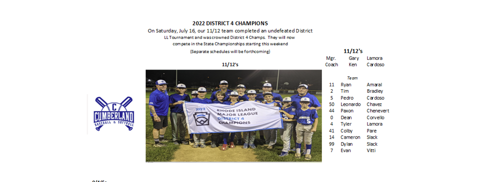 Cumberland 11/12's District Baseball Champs!!!!